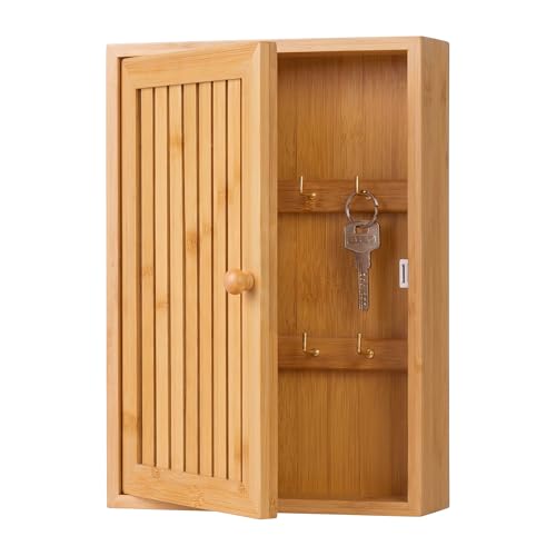Relaxdays Key Cabinet, Bamboo, 8 Hooks, Design A, H x W x D: 27 x 19.5 x 6 cm, Hallway, Wall-mounted, Natural