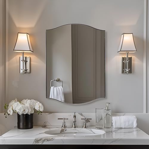 "ANDY STAR Polished Chrome Bathroom Mirror, 22""x30"" Scalloped Wall Mirror in Stainless Steel Metal Frame, Unique Vanity Mirror with Modern Curved Edge Design, Ideal for Bathroom, Bedroom, Entryway"