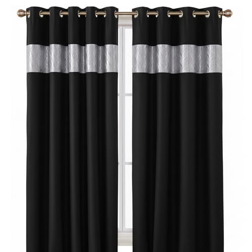 "Rapport Home Capri Black Silver Eyelet Curtains Pair - 66"" W x 72"" D (132"" Total Width) - Thermal Room Darkening Polyester Drapes for Bedroom Living Room"
