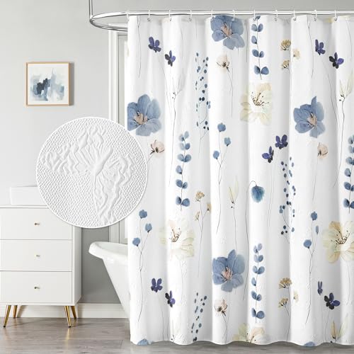 QiyI Watercolor Floral Shower Curtain, 3D Embossed Butterflies, Grey Beige Flower, Minimalist White, Waterproof Fabric Textured Shower Curtain Set with Hooks, 72x72
