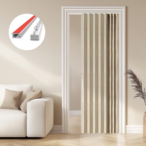 AJAZZ 100% Blackout Accordion Door Invisible Sliding Glass Door Curtain for Bedroom Living Room Doorway, 43W x 79 L, Beige Curtains Sets Included Tracks (1Panel)