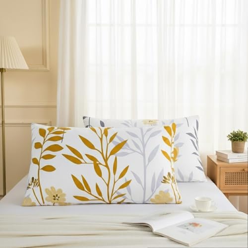 "Cozaline King Size Pillowcases Set of 2, 100% Cotton Pillow Cases, Yellow Floral Print, Soft Breathable Envelope Closure Pillow Covers(King, 20""x36"")"