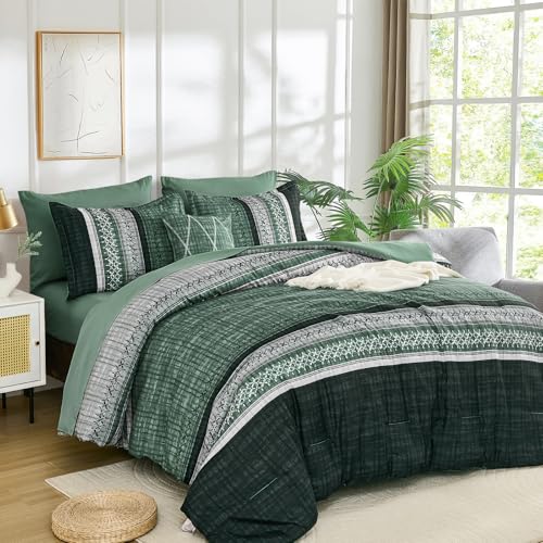 Dintszyayue 8 Piece Bed in a Bag Striped Comforter Set Queen Size, Green Striped Boho Comforter for Queen Bed, Soft Microfiber Bedding Set for All Season