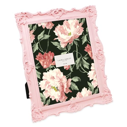 Laura Ashley 8x10 Pink Ornate Textured Hand-Crafted Resin Picture Frame with Easel & Hook for Tabletop & Wall Display, Decorative Floral Design Home Décor, Photo Gallery, Art, More (8x10, Pink)