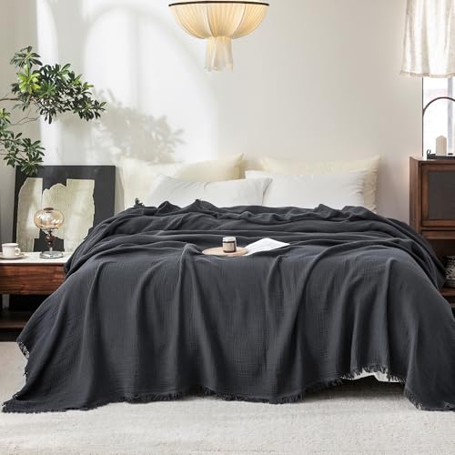"FOSSA 4 Layer Throw Blanket with Tassels, 100% Washed Cotton Feel Super Breathable Cozy Muslin Blanket for Room Couch Offices (Dark Gray, Queen (90"" ?? 90""))"
