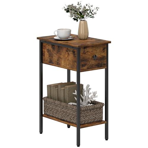 HOMCOM Narrow Side Table, Industrial Slim End Table with Drawer and Storage Shelf, Nightstand for Small Spaces, Living Room, Bedroom, 25 x 39.8 x 58.2 cm, Rustic Brown