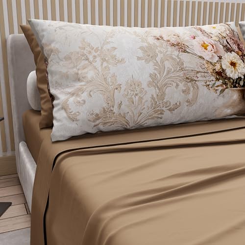 PETTI Artigiani Italiani - Double Bed Sheets Cotton with Pillowcases in Digital Print, Double Bed Sheet 341 Mud, 100% Made in Italy