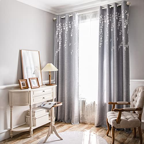 Melodieux Flower Embroidery Linen Blackout Curtains for Living Room Bedroom Grommet Window Drape, White Flower, 52 by 96 Inch (1 Panel)