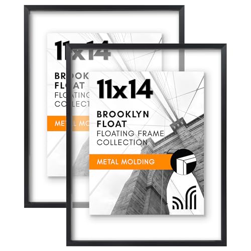 Americanflat Aluminum 11x14 Floating Picture Frame with Shatter-Resistant Glass - Set of 2 - Use as 11x14 Frame or 8x10 Frame - Signature Float Collection - Photo Frame for Wall Display - Black