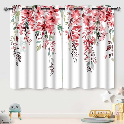 EOTDMS Red Watercolor Floral Curtains, 52x63 inch, 2 Panels - Botanical Leaves Vine Flowers, Rustic Farmhouse Style, Blackout Window Treatment, For Bedroom Living Room