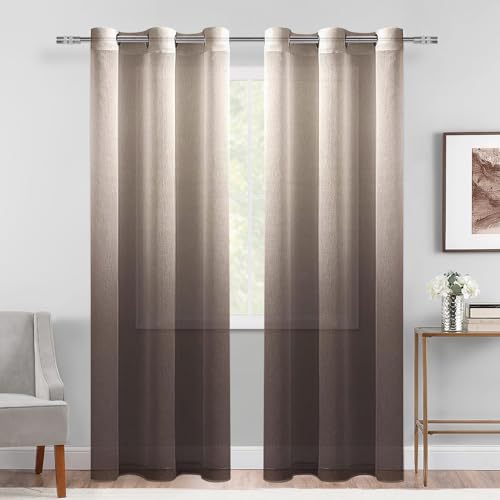 DWCN Ombre Sheer Curtains - Faux Linen Gradient Semi Voile Grommet Top Drapes Bedroom and Living Room Curtains, Set of 2 Window Curtain Panels, 42 x 96 Inch Length, Chocolate Brown