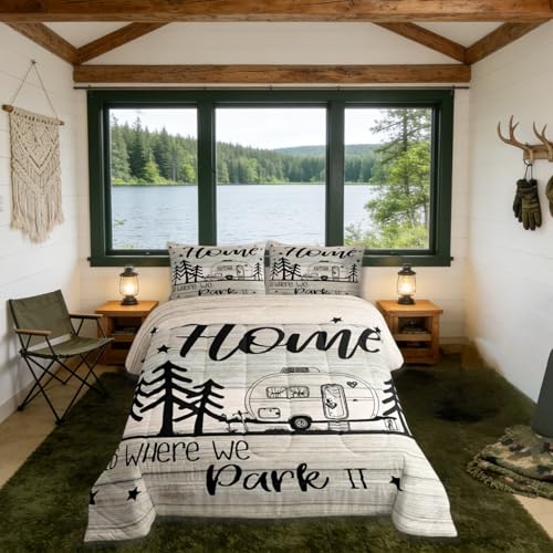 Castle Fairy RV Happy Camping Comforter Set Full Size,Home is Where We Park It Bedding Comforters for Girls Teens Present,Rustic Explore Camper Vanlife Microfiber Quilt Set with 2 Pillowcases