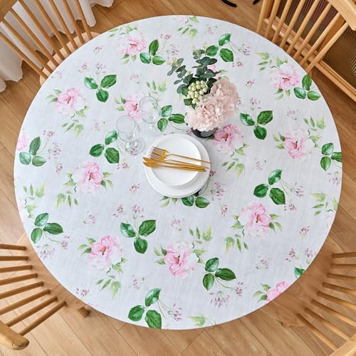 LIBERECOO Round Fitted Vinyl Tablecloth with Flannel Backing, Elastic Edge Waterproof Table Cloth Plastic Table Cover for Indoor & Outdoor
