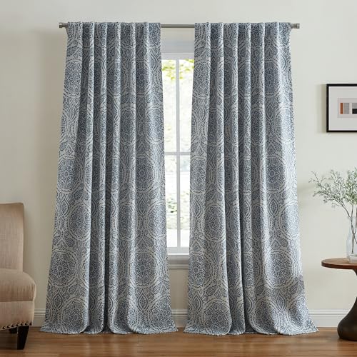 "Elrene Home Fashions Giovanni Medallion Block Print Blackout Lined Window Curtain Panel, 52""x84"", Blue"