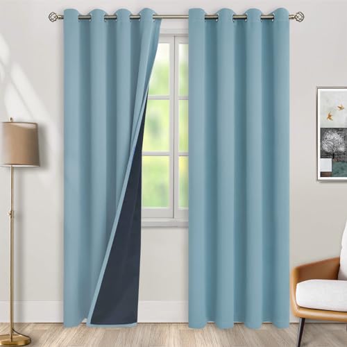 BGment Thermal Insulated 100% Blackout Curtains for Bedroom with Black Liner, Double Layer Full Room Darkening Noise Reducing Grommet Curtain (52 x 90 Inch, Greyish Blue, 2 Panels)