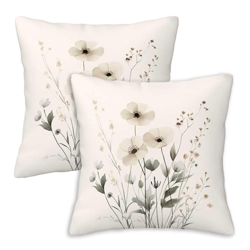 Firmiso Minimal Floral Throw Pillow Covers 18x18 Set of 2 - Neutral Decorative Cushion Covers for Sofa Couch Bed - Modern Farmhouse Home Decor Pillow Cases - Beige Cream Accent