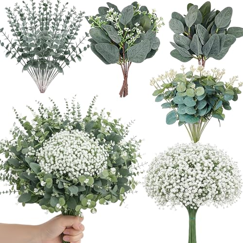 WONICE 240 Pcs 5 Mixed Eucalyptus Greenery Stems Artificial Baby Breath Flowers Bulk Eucalyptus Leaves Bundle Faux for DIY Wedding Decoration Bouquets Home Arrangement Floral Vase Decor