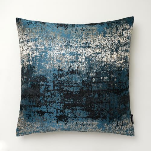 THE-TINOART Textured Teal Blue and Sparkling Gold Jacquard Modern Farmhouse Pillow Cover 20x20