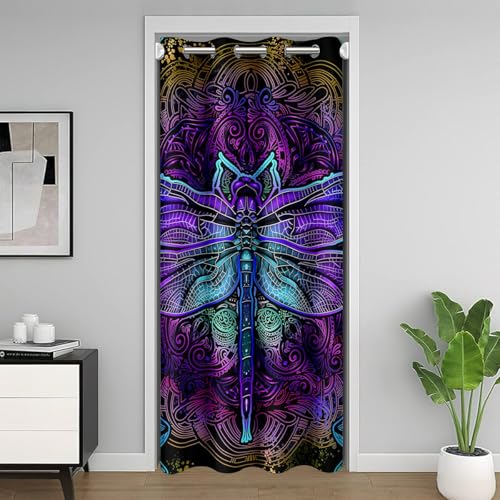 "Erosebridal Bohemian Dragonfly Door Curtain,Mandala Paisley Blackout Curtain,Purple Dragonfly Doorway Curtain,Tie Dye Trippy Gypsy Iridescent Chic Hippie Door Drape,34"" W X 80"" L"