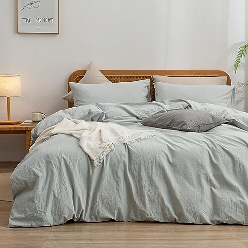 BESTOUCH Cotton Solid Duvet Cover Set Linen Feel Northern Droplet Grey Full - 100% Washed Cotton, Soft Wrinkle Texture, Hidden Zipper, 8 Ties, Breathable Lightweight Durable Comfy, 3 Pcs No Insert