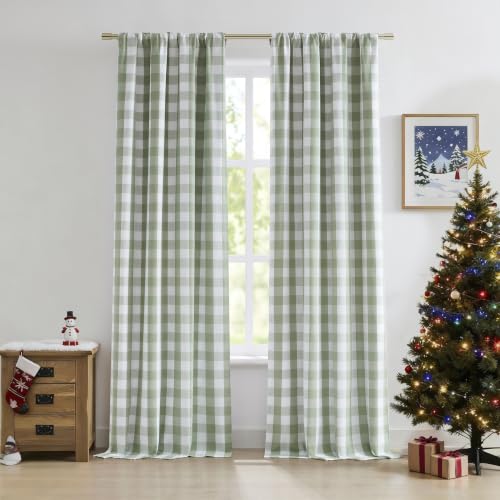 "Bapawfish Sage Green Buffalo Plaid Full Blackout Curtains 90 Inches Long - Cottage Living Room Bedroom Panels,Darkening Thermal Insulated Double-Layer Window Treatment,Rod Pocket Back Tabs,40""Wx90""Lx2"