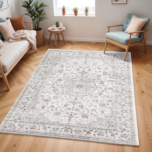 Livabliss Sanvi Hergla Vintage Style Floor Covering 160x220 cm – Scandi Neutral Traditional Pattern for Living Room, Hallway & Bedroom, Easy Care, Grey, Charcoal & White