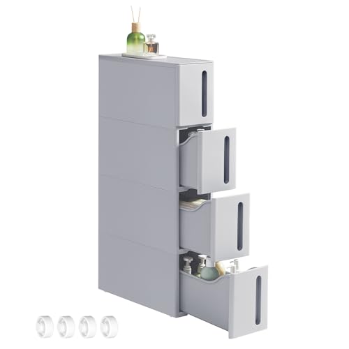 SONGMICS Narrow Storage Tower on Wheels, Trolley with 4 Drawers, 17.3 cm Wide, Slim Bathroom Drawers, Kitchen Storage Cabinet, PP Plastic, Space-Saving, 45.2 x 17.3 x 84 cm, Gray KFR008G02