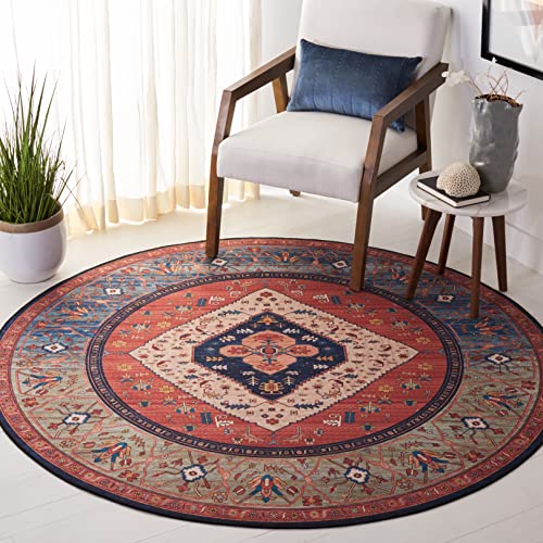 SAFAVIEH Traditional Rug Ideal for High Traffic Areas - Machine Washable and Non Slip - Tucson Collection, Short Pile, in Rust and Blue, 91 X 91 cm