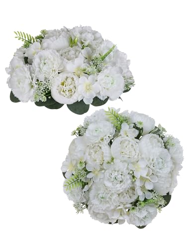 BLOSMON Flower Balls for Table Centerpieces: 2pc 9.5 Inch White Artificial Peony Floral Arrangement Bouquet Dinning Table Decoration Easy Use Kissing Ball for Home Party Decor