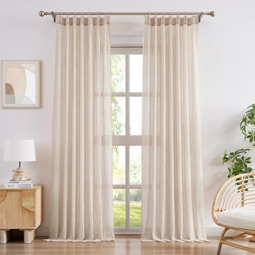 Melodieux Cotton Textured Sheer Curtains 63 Inch Length, Wrinkle Light Filtering Curtains for Kitchen Cafe, Back Tab and Pinch Pleated Window Drapes with Hooks, 2 Panels, 40x63 Inch, Light Beige