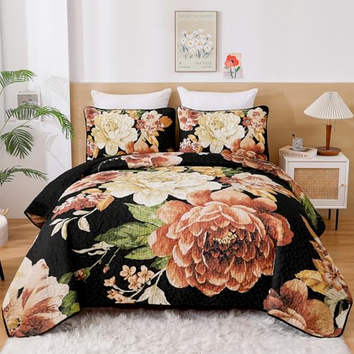 "WONGS BEDDING Black Boho Floral Quilt Set King, 3 Pieces Elegant Gold Flower Bedspread Coverlet Set for All Season with 2 Pillow Shams, Farmhouse Lightweight Reversible Bedding Set 104""X90"""