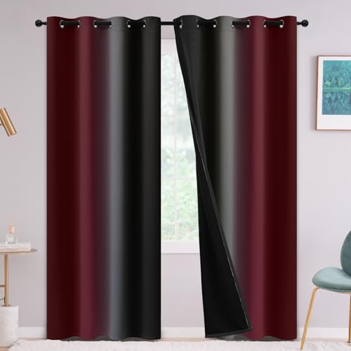 Yakamok 100% Blackout Burgundy and Black Curtains for Bedroom,Ombre Room Darkening Curtain for Living Room Grommet 84 inches Long,Thermal Insulated Curtains & Drapes,2 Panels,52x84 inch