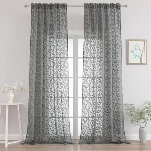 "Chyhomenyc Extra Long Charcoal Grey Sheer Curtains 108 Inch Length 2 Panels Set, Light Filtering Tufted Textured Soft Airy Rod Pocket Leaf Window Treatment Drapes for Living Room, 52"" Wx108 L, 2PCS"