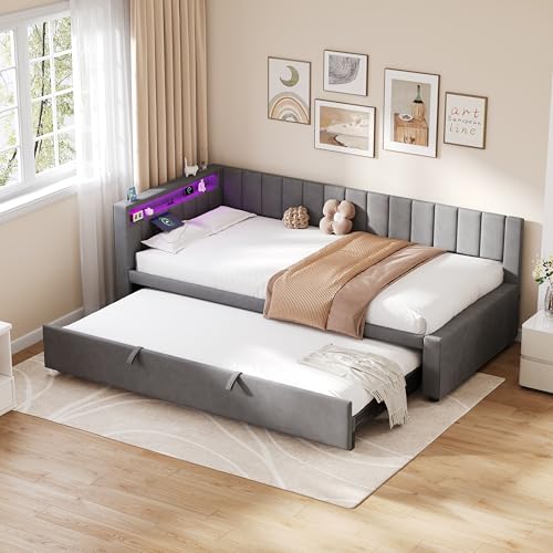 Ball & Cast 3ft Single Velvet Daybed with RGB LED Lights & Charging Station, Upholstered Sofa Bed with Pull-Out Trundle, Grey Space-Saving Bed for Living Room, Bedroom, Home Office (No Mattress)