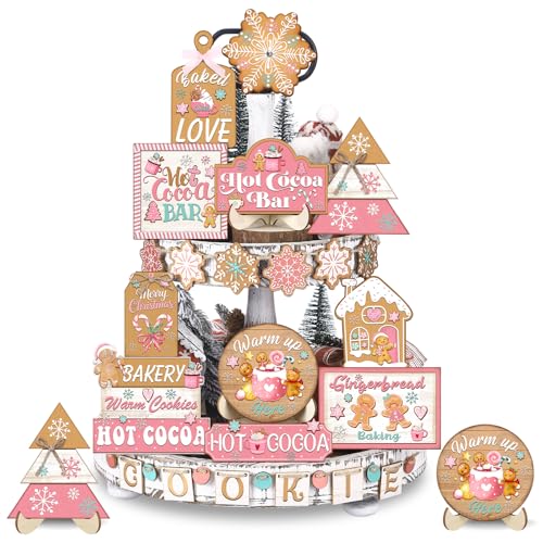 Youyole 30 Pcs Christmas Gingerbread Wooden Tiered Tray Winter Decorations Set Pink Christmas Hot Cocoa Sign Table Centerpieces Tiered Tray Signs for Xmas Cafe Home Farmhouse Shelf Rustic Table Decor