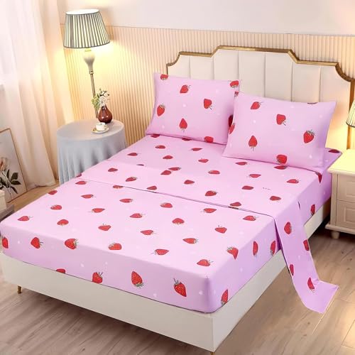 SDY 4PCS Bedding Sheets,Red and Pink Strawberry Print Sheet Set with 1 Kawaii Top Flat Sheet + 1 Deep Pocket Fitted Sheet + 2 Pillowcases for Kids Girls Boys Women???Strawberry,Twin???
