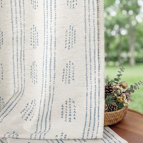 ugoutry Boho Linen Curtains for Bedroom Living Room Blue Farmhouse Boho Curtains 96 Inches Long Geometric Striped Patterned Mudcloth Grommet Top Light Filtering Window Drapes 2 Panels Blue on Beige