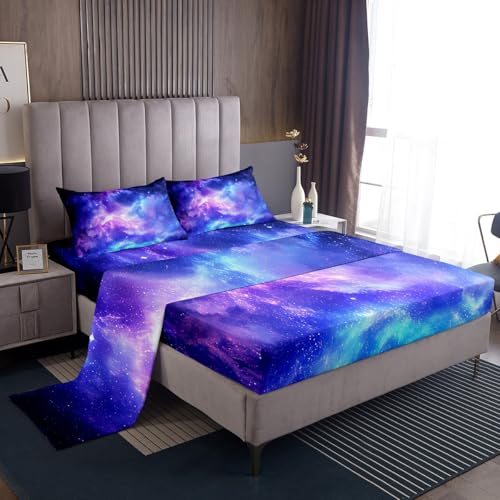 Purple Galaxy Sheet Sets Queen Size Constellation Bedding Set Kids Teens Girls Boys Starry Sky Fitted Sheet Outer Space Universe Star Design, Fashion Microfiber Home Decorative 4 Pcs Bedding Sets