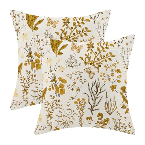 AEIOAE Summer Pillow Covers 24x24 Inch Set of 2,Mustard Yellow Wild Flower Plant Throw Pillows Case,Seasonal Floral Outdoor Decorative Square Linen Farmhouse Decor Cushion Covers for Home Couch