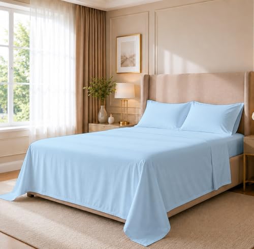 "Cottingon 4 Piece Olympic Queen Sheets, Soft Premium 100% Long Staple Egyptian Cotton, Super Queen Mattress Bedsheet Set, Fits Upto 15"" Deep Pocket 66""X80"", Light Blue"