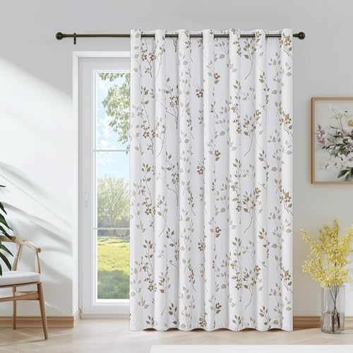 Beauoop Floral 100% Blackout Sliding Door Curtains Tan Brown 100x84 1 Set - Flower Patterned Brown White Room Darkening Patio Curtains Extra Wide Room Divider Drapes Thermal Window treatment Grommet