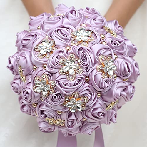 "Sharebeauty 7.1"" Handmade Satin Rose Bridal Bouquet Toss Round Wedding Bouquet Throw Toss Artificial Flower Bunch Light Taro Purple"