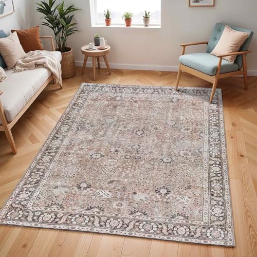Livabliss Peyton Terjit Washable Carpet 160x220 cm, Living Room, Kitchen & Hallway, Vintage Boho Style, Easy Care, Brown Charcoal Black