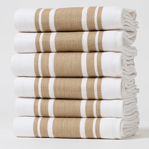 Casa De Lan Kitchen Towels Set ??? Pack of 6 (20?????? x 30??????) Extra Large Premium Cotton Dish Towels for Kitchen ??? Super Striped Towels ??? Absorbent ??? 100% Cotton ??? with Hanging Loop ??? Beige
