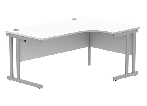 Office Hippo Essentials Right Corner Desks, Home Writing Computer Desk Office Desk For Work Place Or Home, Home Office Radial Desk With Cable Port Management, Silver Frame, Arctic White, 160 x 120cm