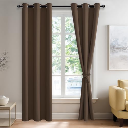 JIUZHEN Blackout Curtains with Tiebacks - Thermal Insulated, Light Blocking and Noise Reducing Grommet Curtain Drapes for Bedroom and Living Room, Set of 2 Panels, 42 x 84 Inch Length, Brown