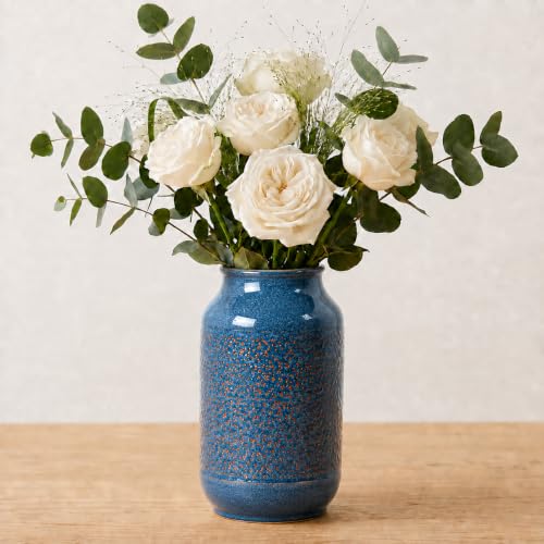 Wancetang Blue Ceramic Vase for Home Decor, 9 Inch Modern Farmhouse Vase, Decorative Vases for Pampas Grass, Fireplace, Living Room, Bathroom, Tabletop, Kitchen, Office, Farmhouse Decor