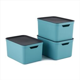 Rotho Jive Dekobox Set of 3 storage box 16l with lid, Plastic (PP recycled), turquoise/anthracite, 3x16l (37.5 x 27.8 x 29.8 cm)