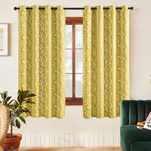 LIMON HOME 100% Boho Blackout Curtains Mustard Yellow 54 Inch lench Farmhouse Curtain for Small Window
