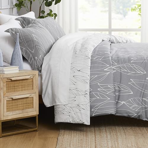 Southshore Fine Living, Inc. Floral Duvet Cover, Queen Size/Full Size - Reversible Microfiber Full/Queen Bedding Set, Easy Care - 1 Duvet Cover Full/Queen, 2 Pillow Shams - Modern Foliage Grey